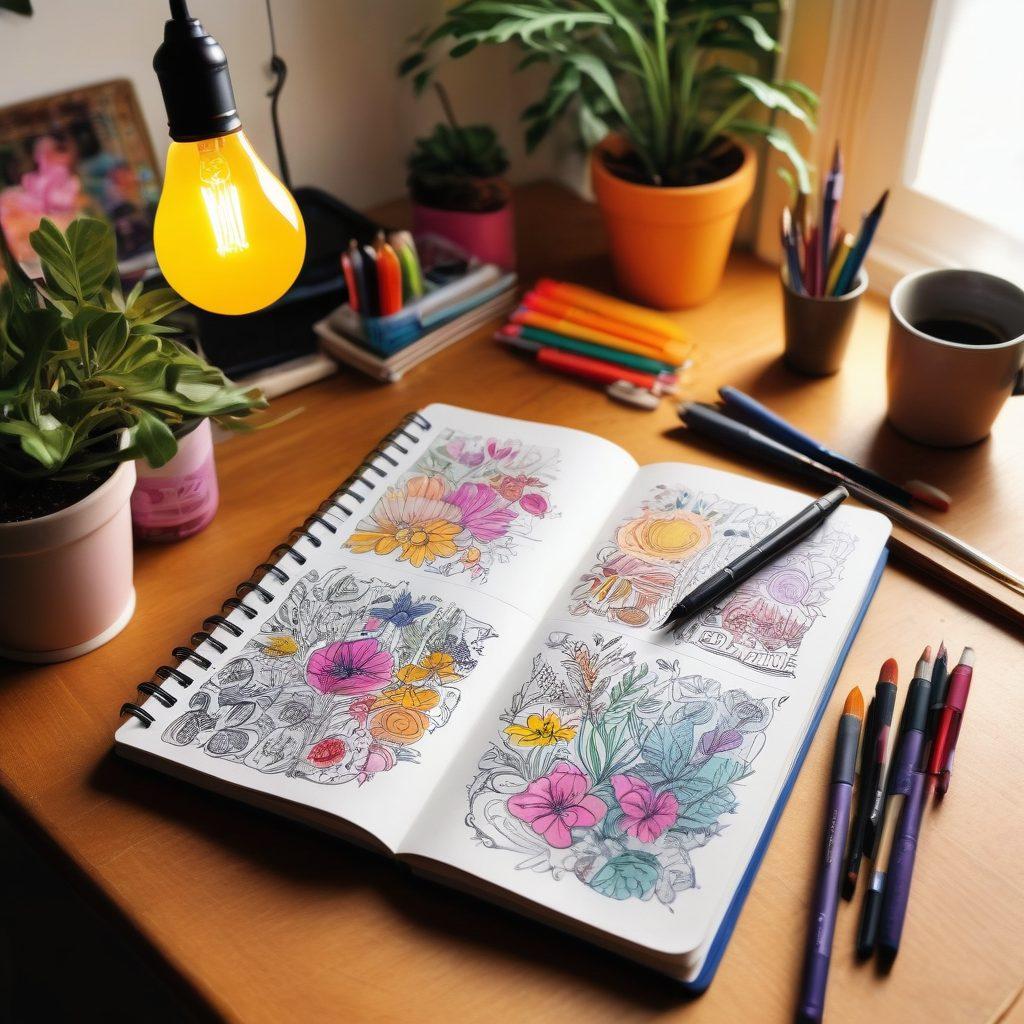 A vibrant open notebook with colorful doodles emerging from its pages, symbolizing creativity and self-expression. Surrounding the notebook are various blogging tools such as a laptop, camera, and paintbrushes. In the background, an inspiring light bulb illuminates a cozy workspace filled with art supplies and plants. The scene is infused with warm, inviting colors to evoke inspiration and creativity. super-realistic. vibrant colors. cozy atmosphere.