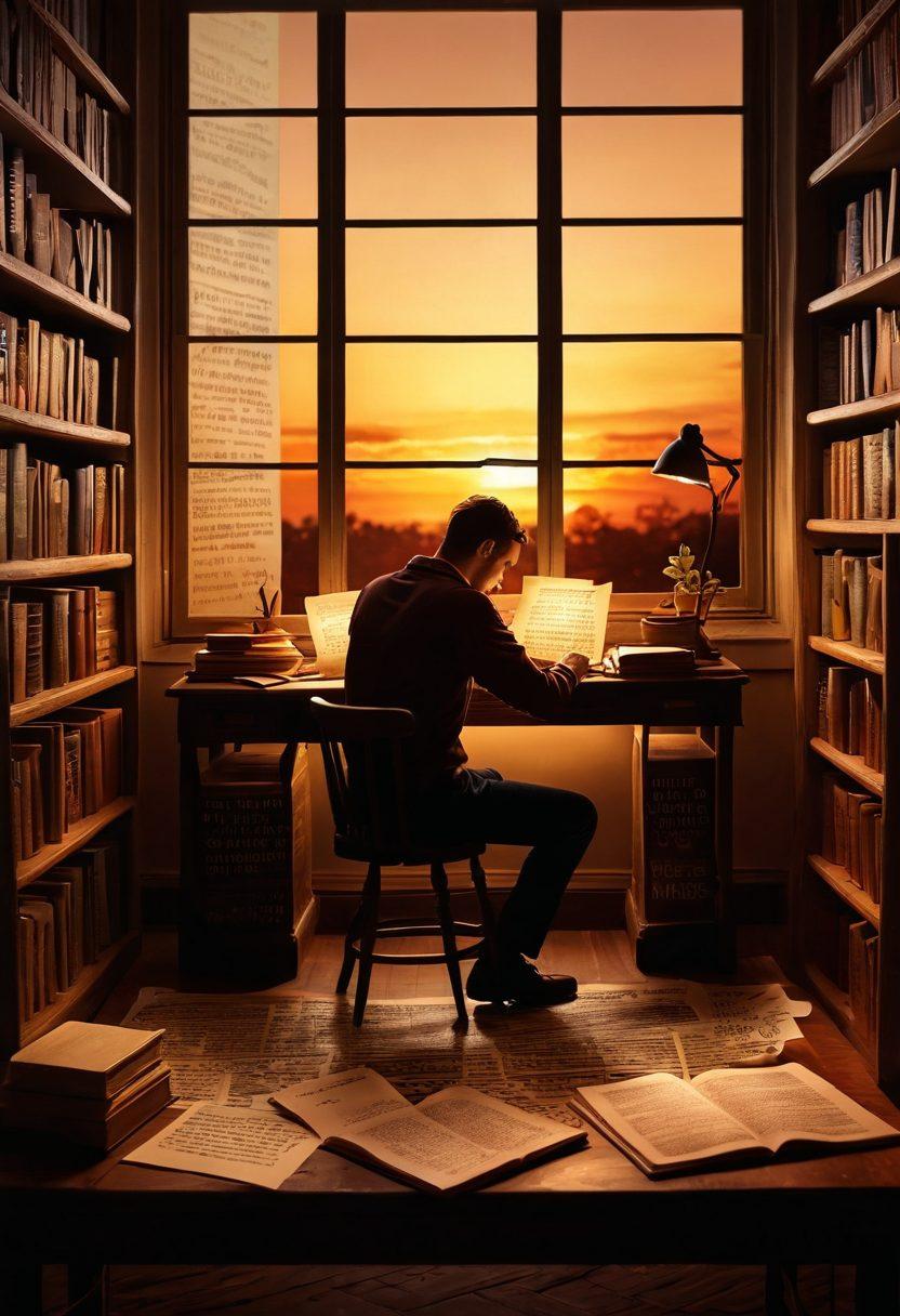 A captivating scene depicting a writer at a vintage wooden desk, surrounded by floating words and phrases transforming into vibrant illustrations, symbolizing the process of storytelling. The writer is in deep thought, with a glowing light emanating from the pages of an open notebook, suggesting creativity. Bookshelves filled with classic novels form the background, while a window showcases a sunset that casts a warm glow. The atmosphere is enchanting and imaginative. super-realistic. vibrant colors. soft focus.