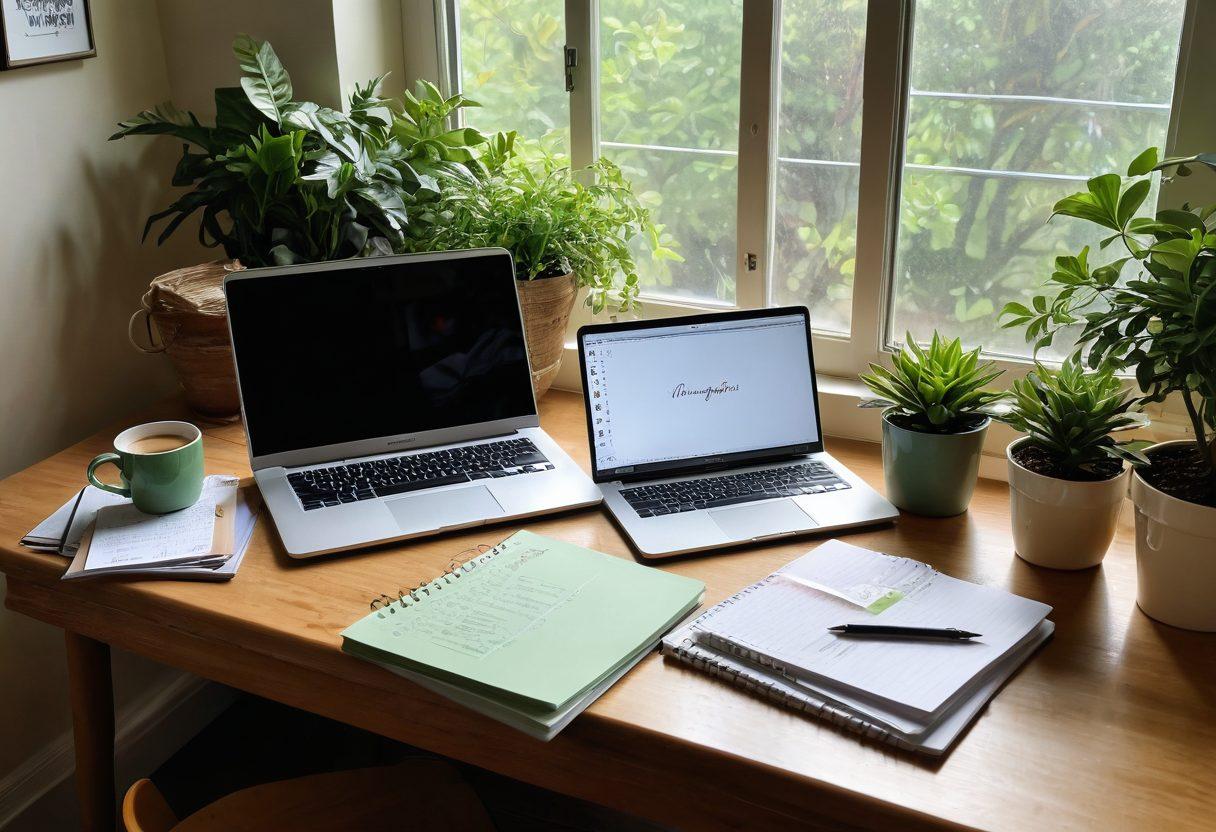 An inspiring workspace featuring a cozy desk with an open notebook filled with handwritten notes, a steaming cup of coffee, and a laptop displaying a blooming personal blog. Sunlight floods in through a window adorned with green plants, creating a warm and inviting atmosphere. The backdrop subtly reflects vibrant ideas, like colorful notes and sketches floating around. super-realistic. warm colors. inviting atmosphere.